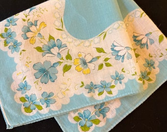 Beautiful Sky Blue Vintage Handkerchief With Blue and Yellow Flowers, Hankerchief, Hankie, Hanky