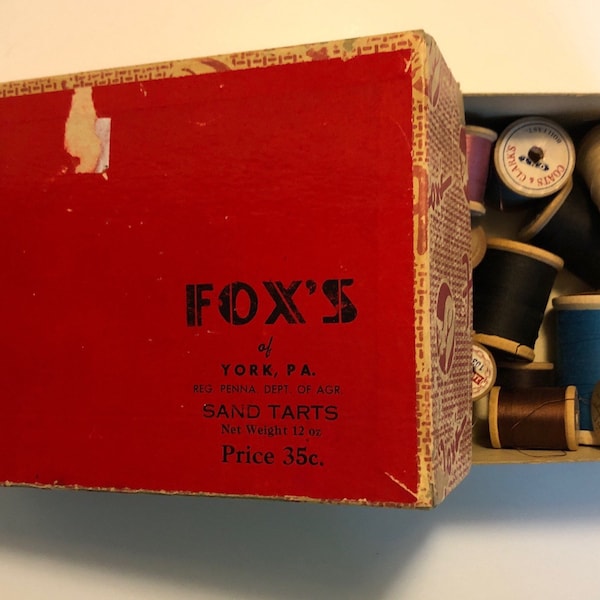 Bright Red Vintage Department Store Box, Fox’s Sand Tart Box, 21 Wooden Spools of Thread