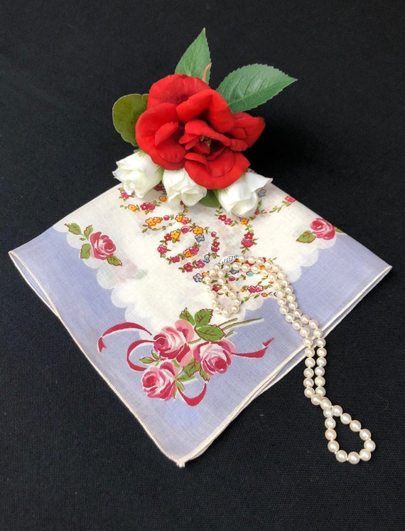 Pretty Vintage Red and Pink Floral Handkerchief on