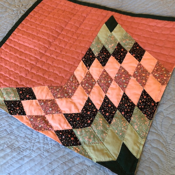 Vibrant Vintage 21”x 19” Quilt Piece, Pink, Green, Black and Rose Colors