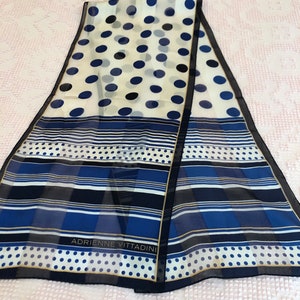 Delightful Adrienne Vittadini Silk Navy Blue Polka Dots and Royal Blue Stripes on a White Background, Long Scarf