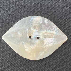May include: A white iridescent mother of pearl button with two holes.