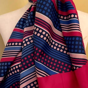 Beautiful Vintage 44”x 15” Long Scarf, Red, White and Blue Polka Dots and Stripes