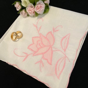 Lovely Pink Appliquéd and Embroidered Floral Handkerchief, Vintage Flower Wedding Hankerchief, 1950&#39;s Style Hankie, Hanky