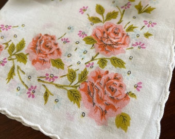 Adorable Vintage Pink Floral Handkerchief, Roses Hankerchief, 1950’s Style Hankie, Hanky