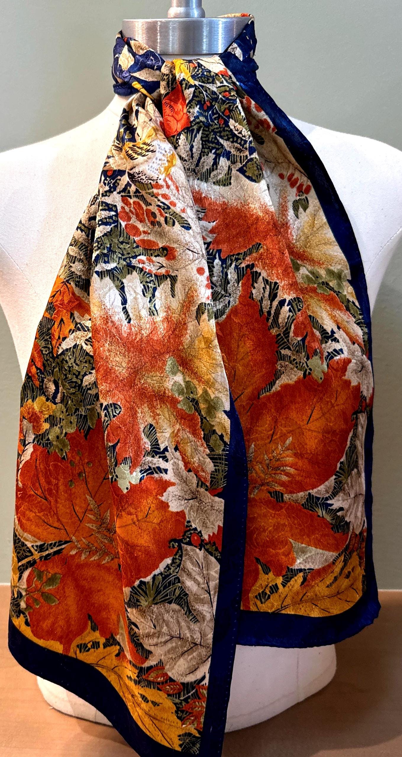 Handcrafted Navy Blue Neck Scarf with Orange Floral Accents Navy Blue and Orange Scarf - Etsy main image 3