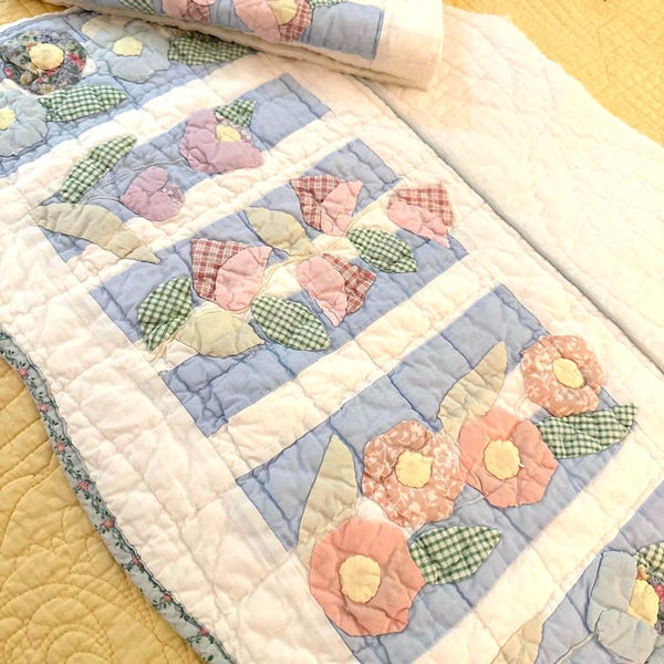 Vintage Floral Quilt Piece: Pink, Blue, Yellow, Green Cotton (34”x 18”)