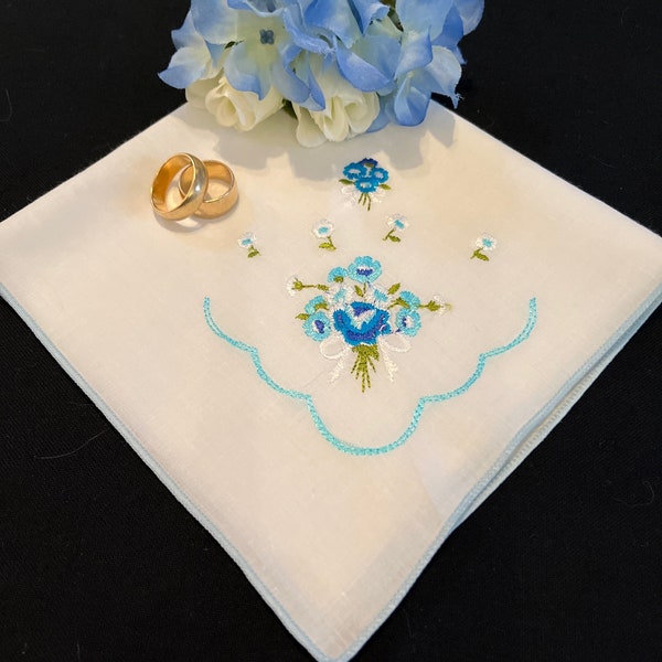 Delicate Embroidered Blue Floral Handkerchief, Wedding Hankerchief, Hankie, Hanky