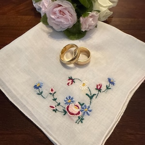 Delicate Pink and Red Flowers Handkerchief, Vintage Embroidered Floral Hankerchief, Hankie, Hanky