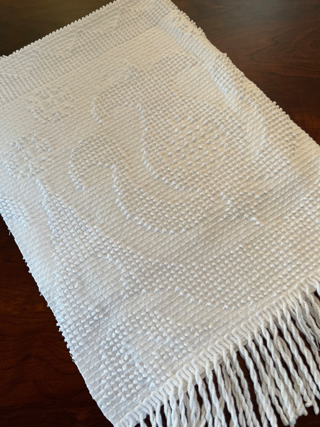 Pretty 33x 24 White Vintage Hobnail Chenille Bedspread Piece, Geometric