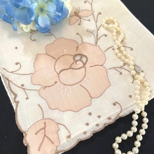 Lovely Pink and Brown Appliquéd and Embroidered Handkerchief, Vintage Floral Wedding Hankerchief, 1950&#39;s Style Hankie, Hanky