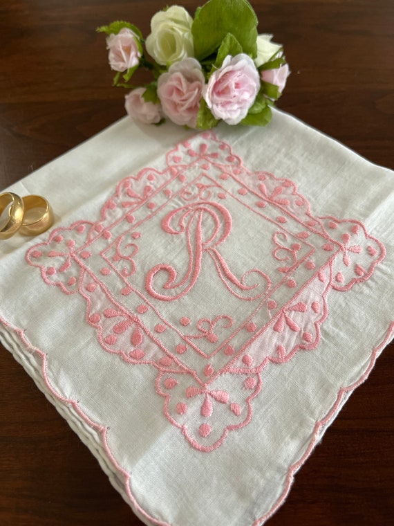 Intricate Monogram R Handkerchief, Pink Embroidere