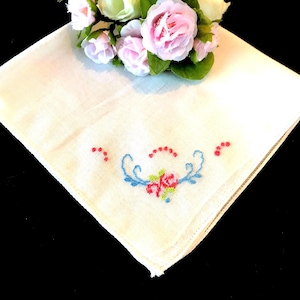 Delicate Pink Flowers Handkerchief, Vintage Embroidered Floral Hankerchief, Hankie, Hanky