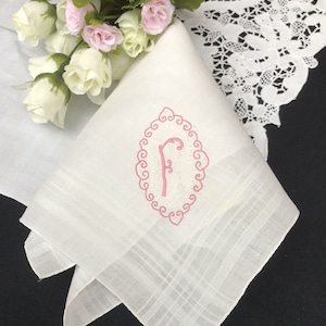 Delicate Vintage Pink Monogram F Wedding Handkerchief, Initial F Hankerchief, Madeira Embroidered Hankie, Letter F Hanky