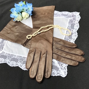 Vintage Formal Brown Leather Evening Gloves,  Opera Gloves, Size 6, Small