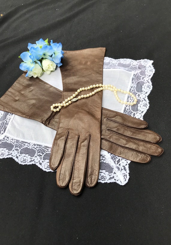 Vintage Formal Brown Leather Evening Gloves,  Oper