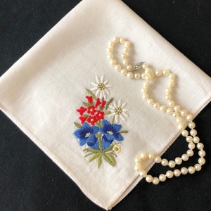 Pretty Little Vintage Red, White and Blue Floral Embroidered Handkerchief,  Hankerchief, Hankie, Hanky