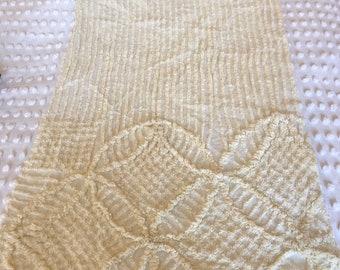 Bright Plush 28”x18” Vintage Yellow on Yellow Chenille Bedspread Fabric Piece, Wedding Ring Pattern