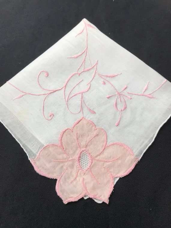 Lovely Pink Appliquéd and Embroidered Handkerchie… - image 3