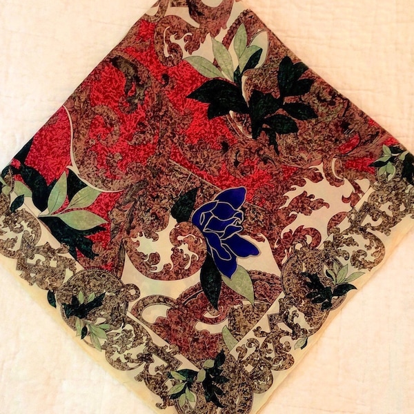 Brilliant Vintage Silk Royal Blue, Red, Green, Black and Tan Floral Scarf, 34” Square Scarf