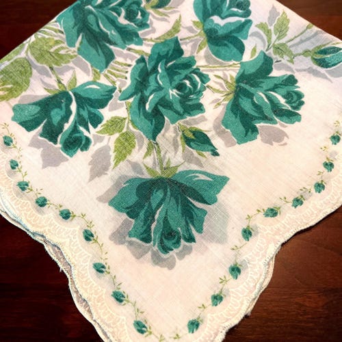 Vintage Sky Blue Rose Handkerchief: Scalloped Cotton Hanky