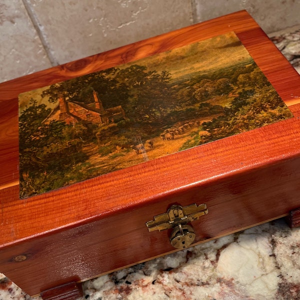 Vintage  Dovetailed Wooden Cedar Jewelry Box with Decoupaged Lake Scene, Carved Lid with Clasp, Stash Box,