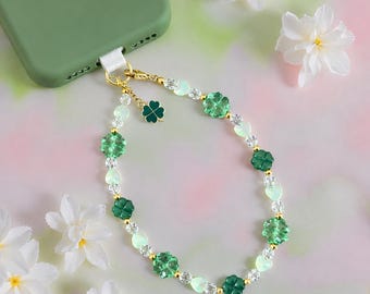 Lucky Clover Phone Charm, green clover phone strap, phone accessory, green phone charm