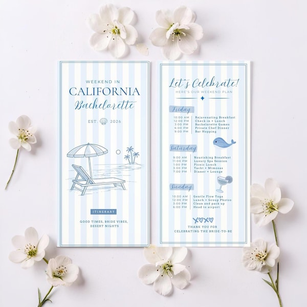 Coastal Bachelorette Itinerary Template Canva | Blue Beach Bach Weekend Planner | California Girls Trip Itinerary | Editable Coastal Bridal