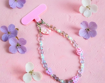 Zawieszka do telefonu z mleczną truskawką i koralikami | Uroczy różowy wisiorek do telefonu | Kawaii truskawkowy dodatek do telefonu | Pasek do telefonu Coquette | Prezent dla niej