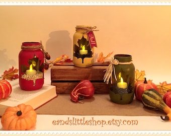 Fall Mason Jars-Thanksgiving Décor-Fall Mason Jar Lanterns-Leaf Mason Jar -Mason Jar Decor-Wedding-Fall decor-Halloween decor