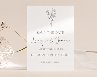 Personalised Wedding Save The Date Cards - Minimalist Design Line Drawn Flowers- Envelopes Included-Boho Botanical Style- Save The Date Card