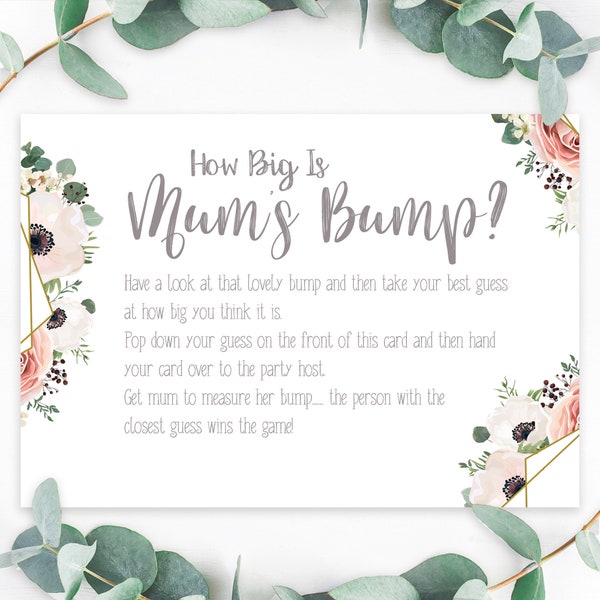 Baby Shower How Big Is Mum's Bump Cards Boho Floral Afternoon Tea Party Design New Mum To Be Gender Reveal Party Game Favours Ideas Keepsake