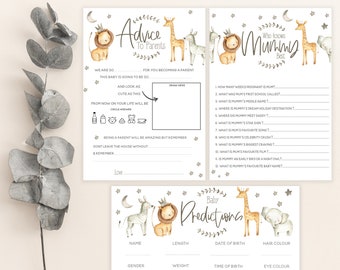 May include: A set of three printable baby shower game cards featuring a jungle animal theme. The cards include a "Who Knows Mommy Best?" game, an "Advice to Parents" game, and a "Baby Predictions" game.