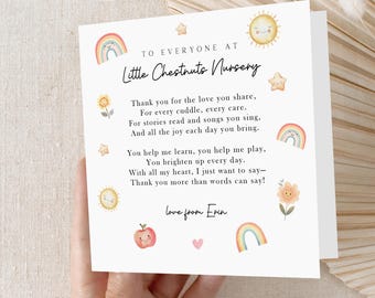 May include: A white card with a watercolour design and text. The card features a rainbow, sun, stars, and flowers. The text reads "To Everyone at Little Chestnuts Nursery" and a thank you message. The card is held by a person.