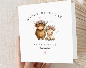 Mum Birthday Card Personalised, For Mummy, Highland Cows, Birthday Card For Her, Card For Auntie, For Grandma, Nanny Birthday, Handmade Card
