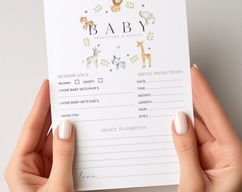 Baby Shower Safari Prediction Advice Cards, Animal Baby Shower, Lion, Giraffe, Gender Neutral, Mum To Be Gender Reveal Party Games Favours