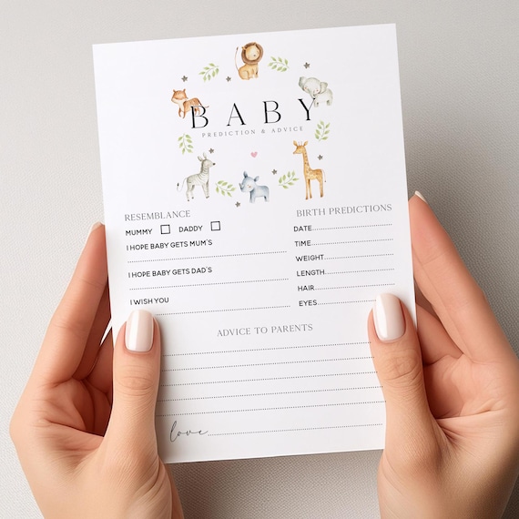 Baby Shower Safari Prediction Advice Cards, Animal Baby Shower, Lion, Giraffe, Gender Neutral, Mum To Be Gender Reveal Party Games Favours