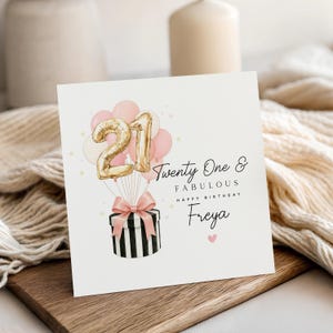 Personalised 21st Birthday Card, Special Milestone Card, Birthday For Daughter, Wife, Black White Hatbox, Gold Balloons 21, Twenty One
