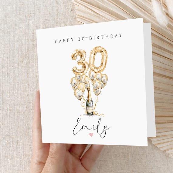 Personalised 30th Birthday Card, Special Milestone Card, Birthday Card For Wife, Sister, Daughter, Auntie, Champagne & Gold 30 Balloon
