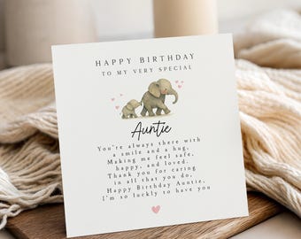 Birthday Card For Auntie, From Niece and Nephew, Cute Elephant Heart Poem, Happy Birthday Card Aunt, Card For My Auntie, Handmade Gift