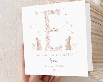 Personalised New Baby Card, Welcome To The World Card, Pink Ditsy Bunny Design, Newborn Baby Girl, Congratulations New Parents