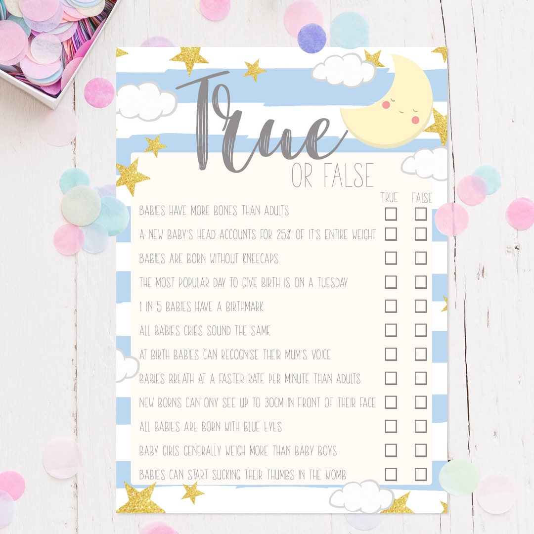 Baby Shower Trivia True or False Cards Blue Stripe Moon Design Etsy UK