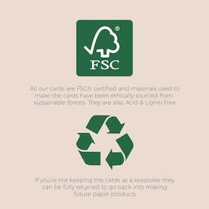 May include: Image features a green FSC logo and a recycling symbol. Text states cards are FSC certified, ethically sourced from sustainable forests, and acid & lignin free. Cards can be recycled to make future paper products.