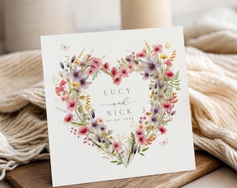 Personalised Wedding Card ,For Couple, Engagement Card, Floral Heart Wreath, Anniversary Card, Wedding Gift ,Custom Names, Wildflowers Pink