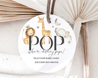 Pop When Mummy Pops Personalised Tags- Pop When She Pops- Safari Animal Baby Shower Tags- Baby Shower Favour- Prosecco Gift Tags- x12 47mm