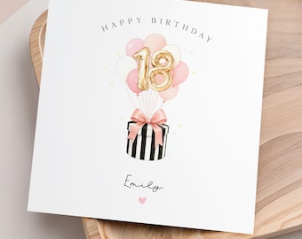 Personalised 18th Birthday Card, Special Milestone Card, Birthday Card For Daughter, Friend, Niece, Pink  Balloons 18, Hat Box, eighteen