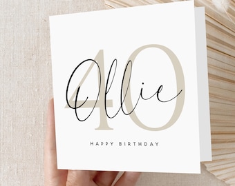 Personalised 40th Birthday Card, Special Milestone Card, Birthday For Son, Husband, Dad, Script & Beige 40, Forty Minimal-Kraft Envelope