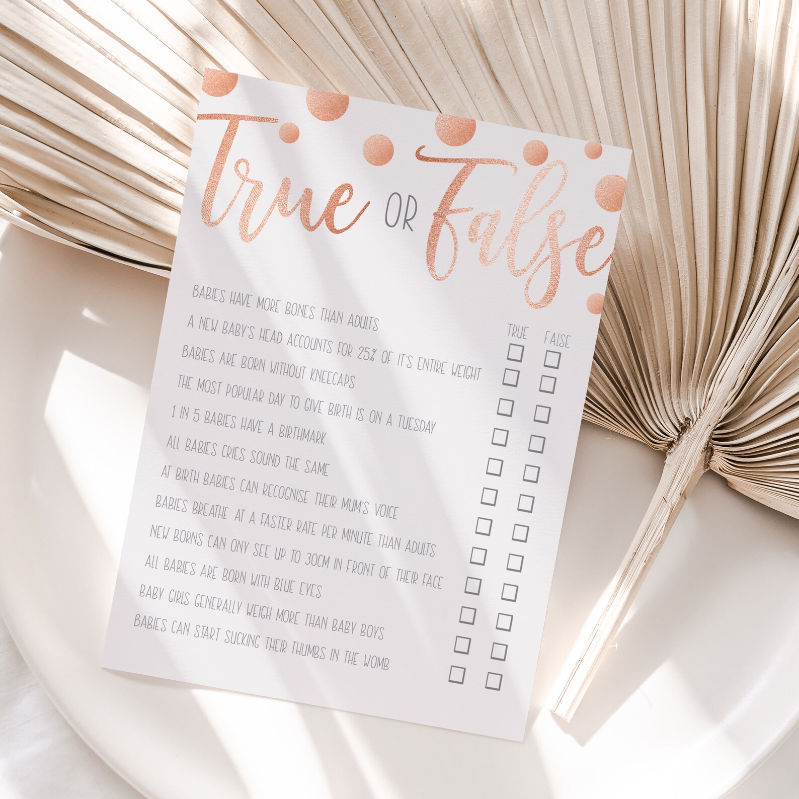 Baby Shower Trivia True or False Cards Rose Gold Polka Dot Etsy UK