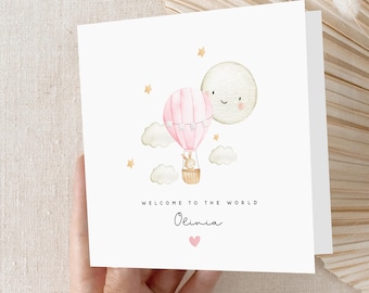 Personalised New Baby Card, Welcome To The World Card, Pink Air balloon Design, Newborn Baby Girl, Congratulations New Parents