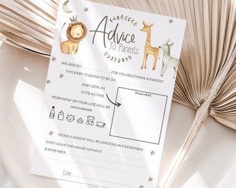 May include: A printable baby shower game card with a cute illustration of a lion, giraffe, and zebra. The card has the text "Advice to Parents" and asks guests to draw a picture and write advice for the new parents.